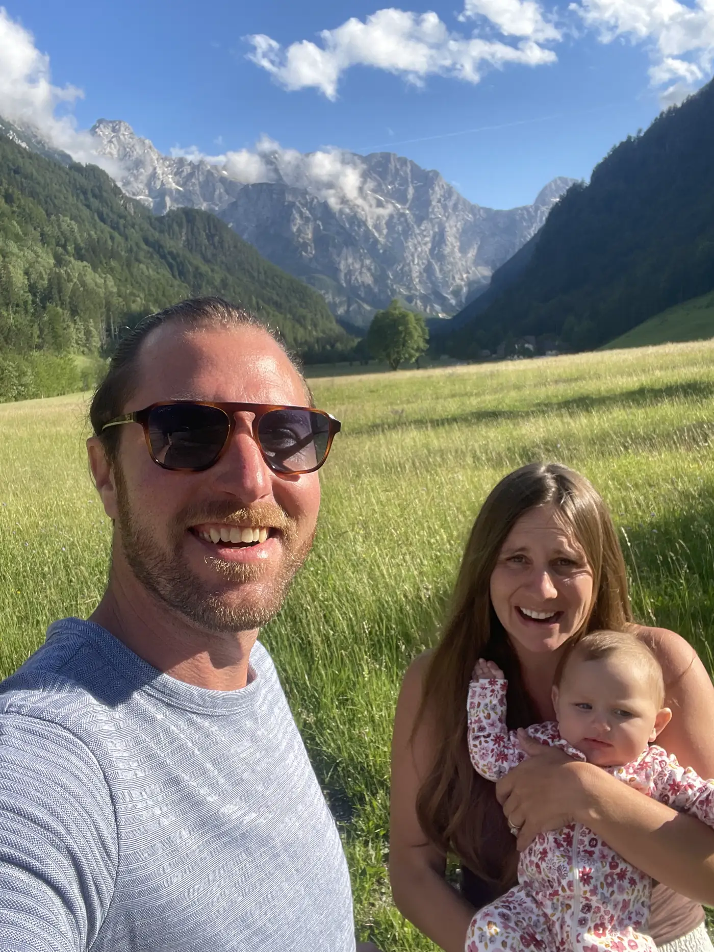 Colin, Angela and Andi in a meadow in Slovenia's Logar Valley