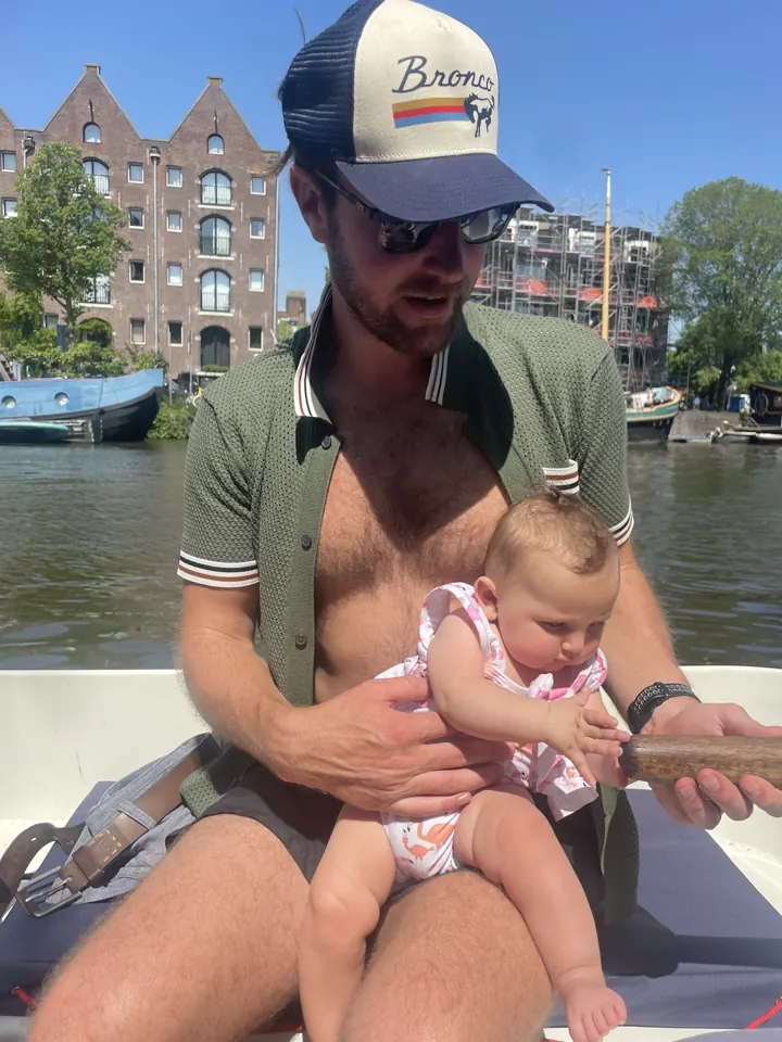 Colin holding Andi on the canal boat