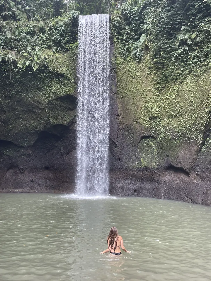 Tall thin waterfall plunging into a pool surrounded by green jungle, with a swimmer below