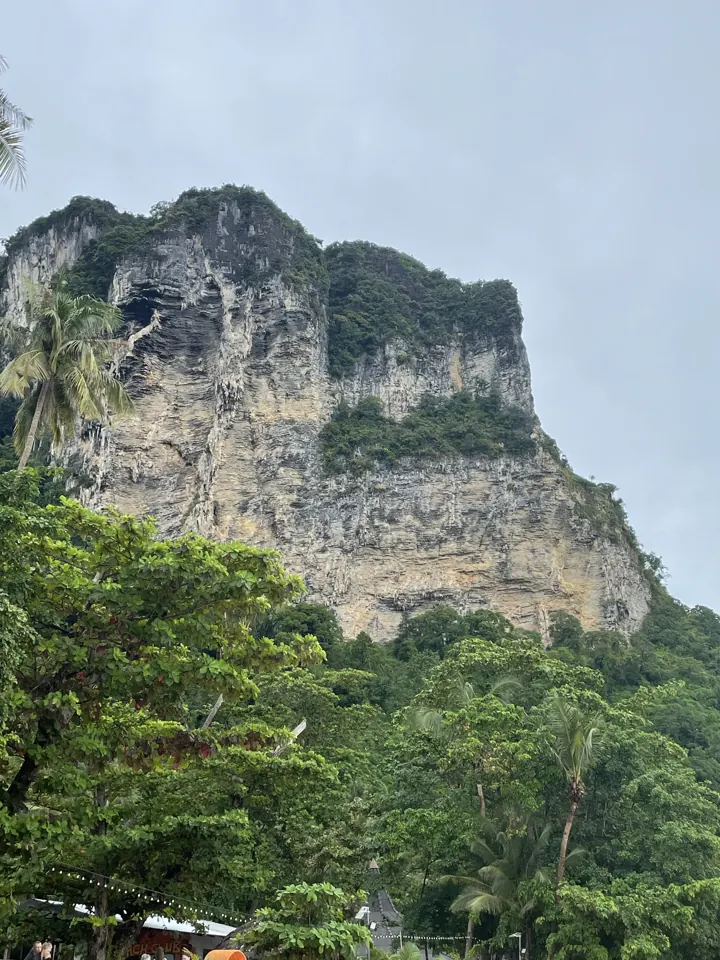 Massive limestone cliff rising above green jungle