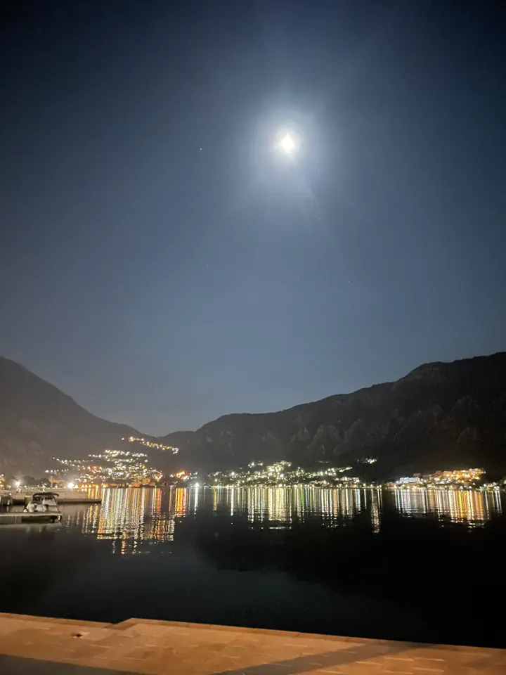 The moon over the Bay of Kotor at night