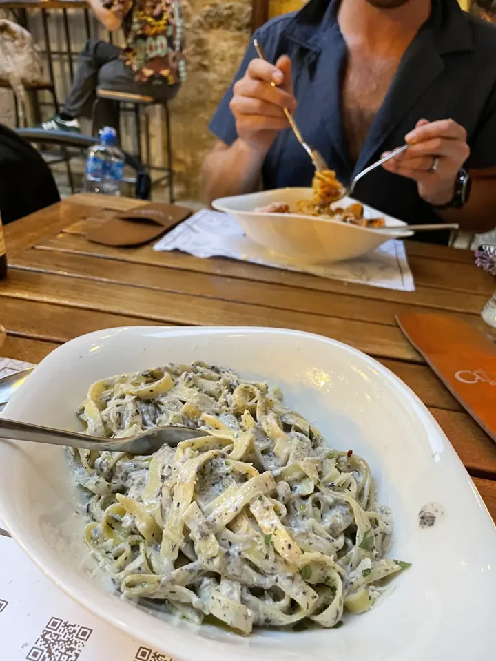 A plate of pasta at dinner in Kotor