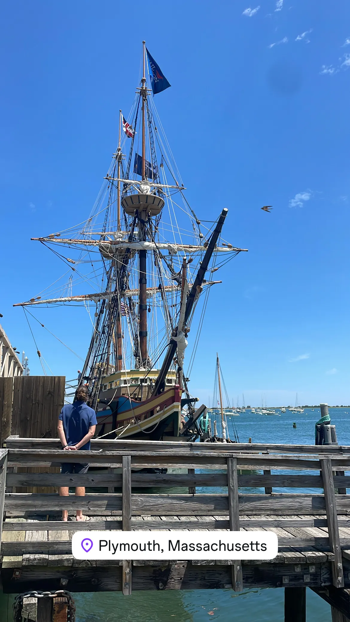 The Mayflower II ship docked in Plymouth Harbor