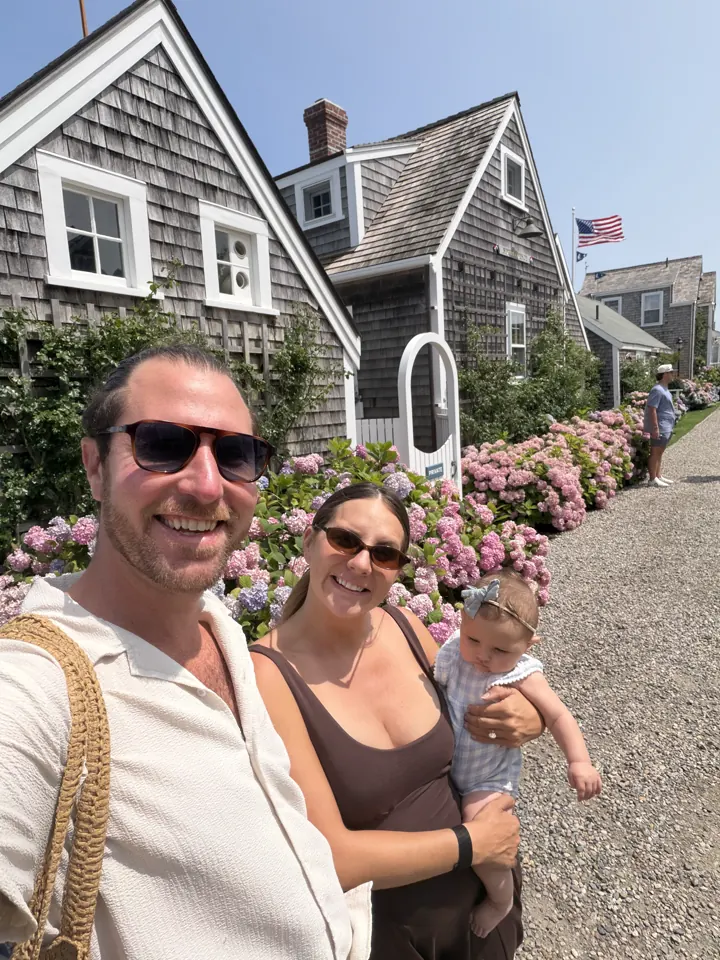 Colin, Angela and Andi on a Nantucket lane lined with hydrangeas