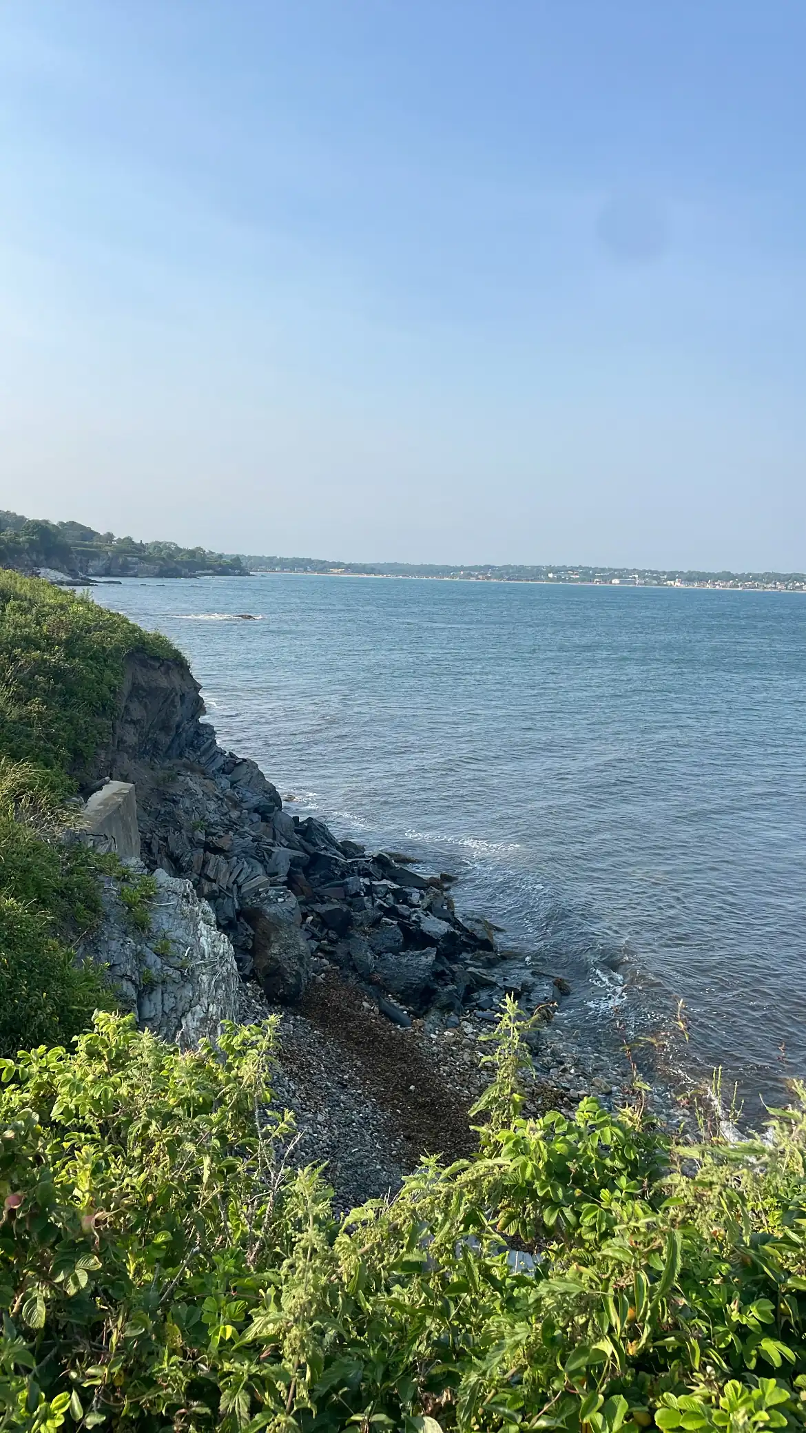 The rocky coastline along the cliffs in Newport, Rhode Island