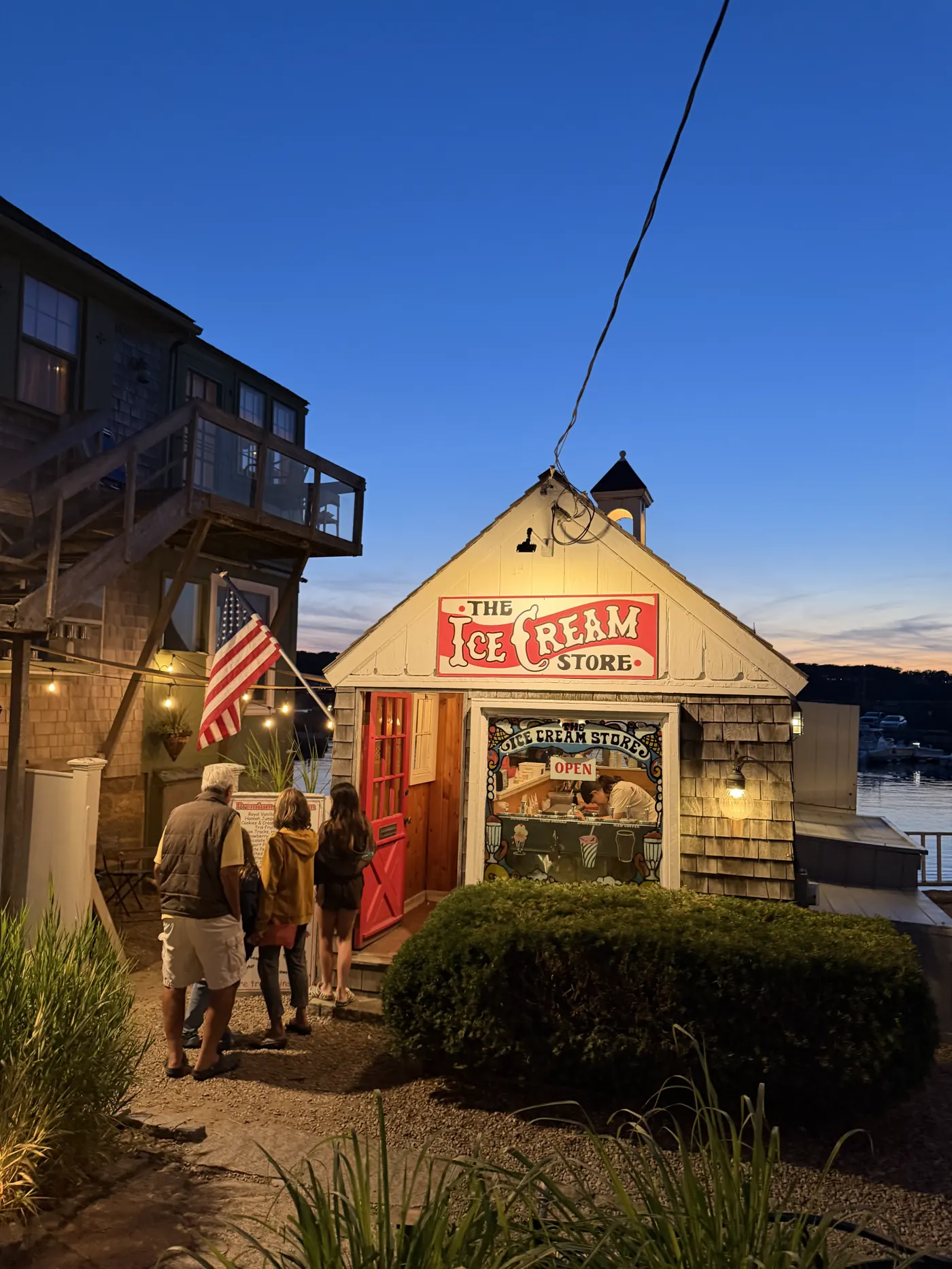 The Ice Cream Store in Rockport at dusk