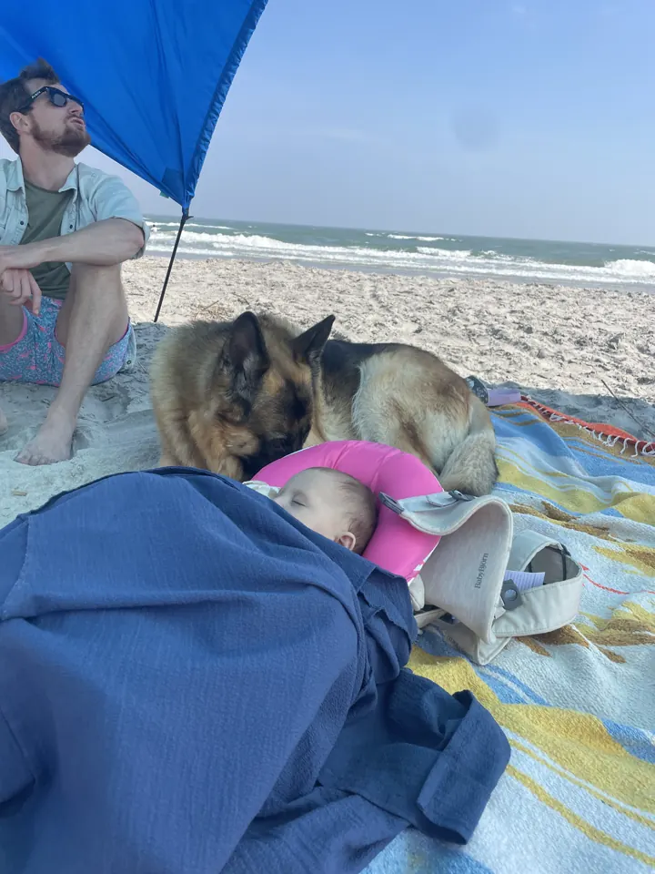 Our dog lying next to Andi on a beach blanket