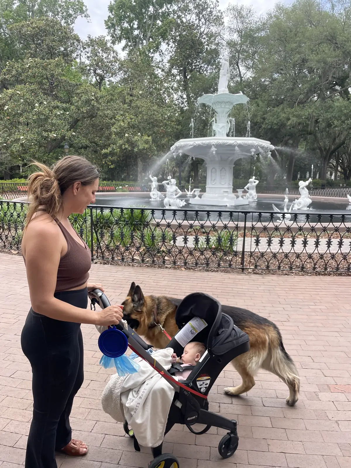 Angela with the stroller and our dog by the Forsyth Park fountain