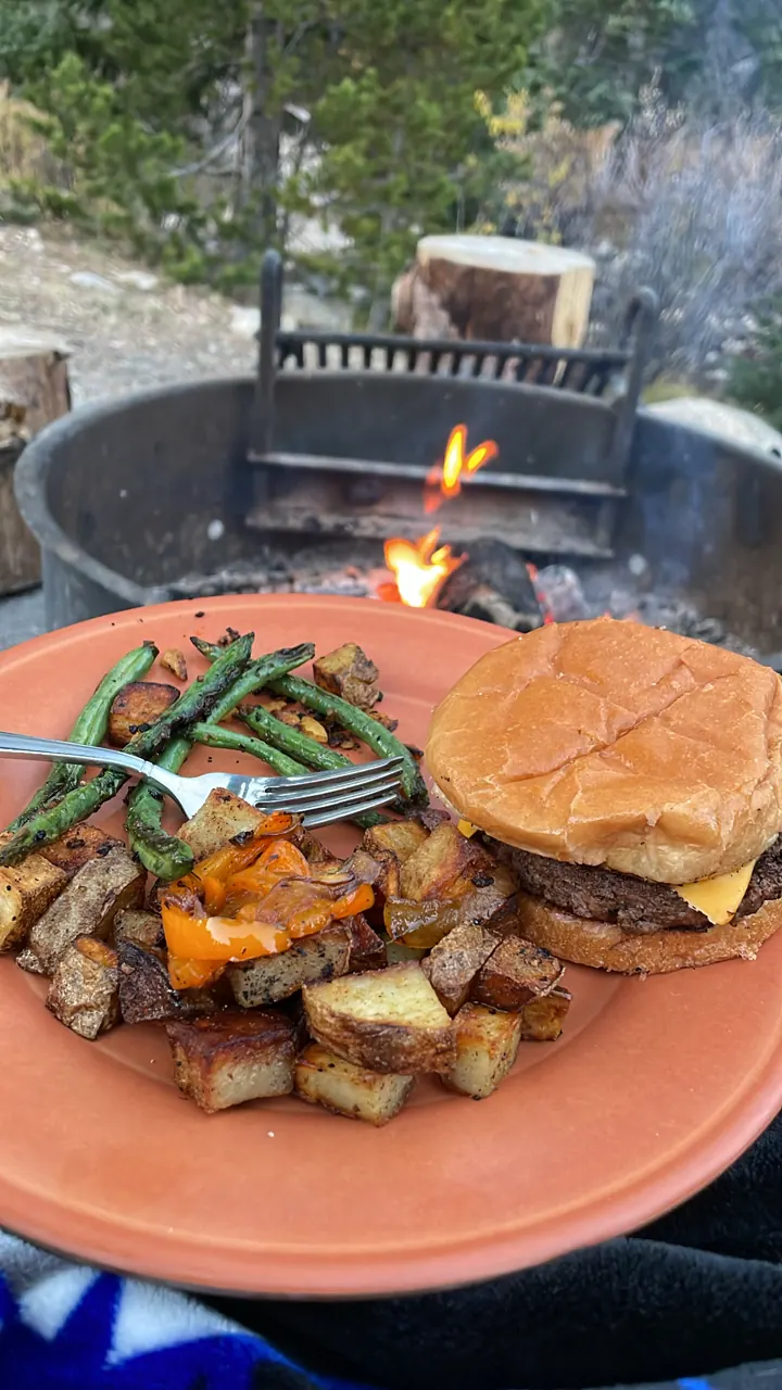 Plate with a burger and roasted potatoes in front of a fire pit