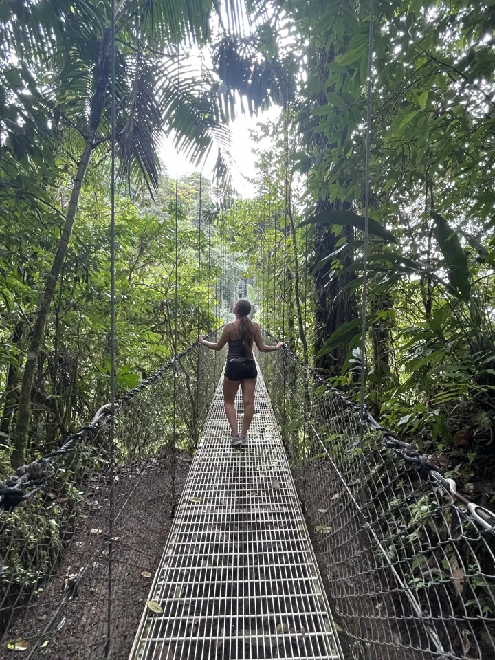 A person walking across a metal hanging bridge through dense rainforest