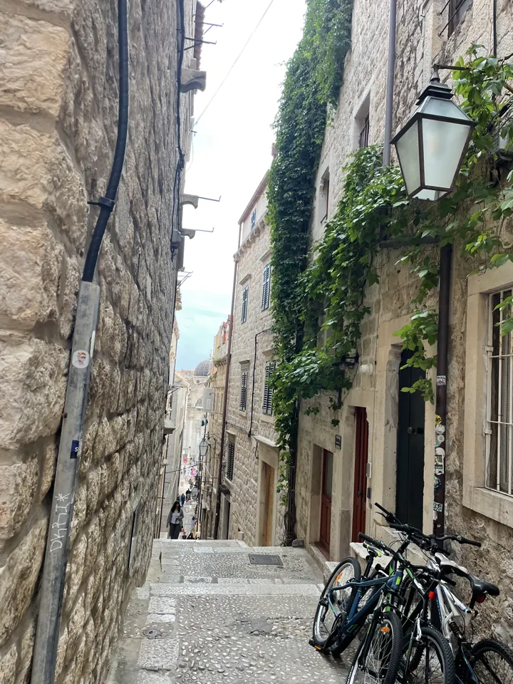 A steep stone alley inside Dubrovnik's walls