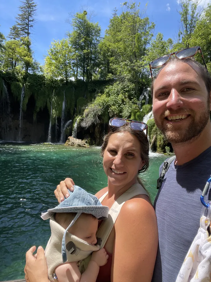 Colin, Angela and Andi in front of a waterfall at Plitvice