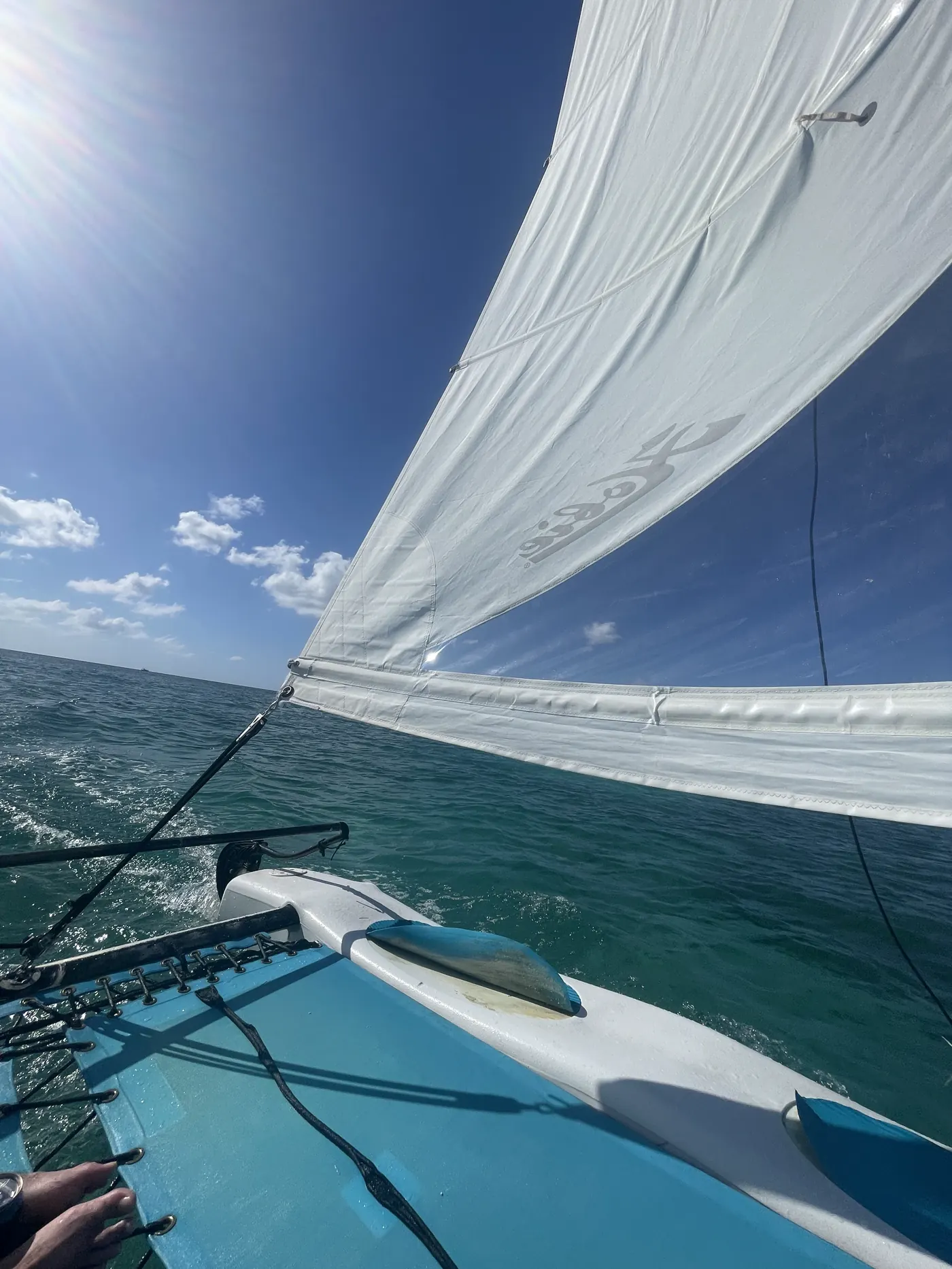 A catamaran under a big white sail on turquoise water off Grand Cayman