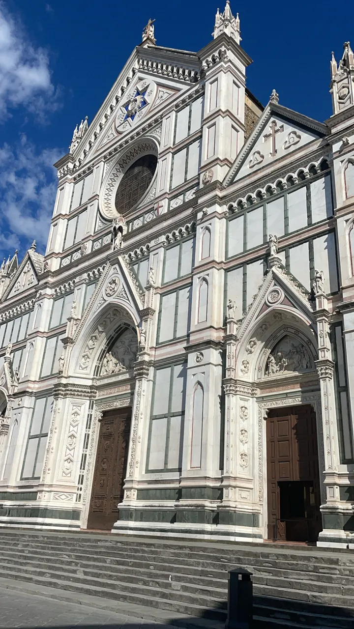 The white marble Gothic facade of the Basilica of Santa Croce