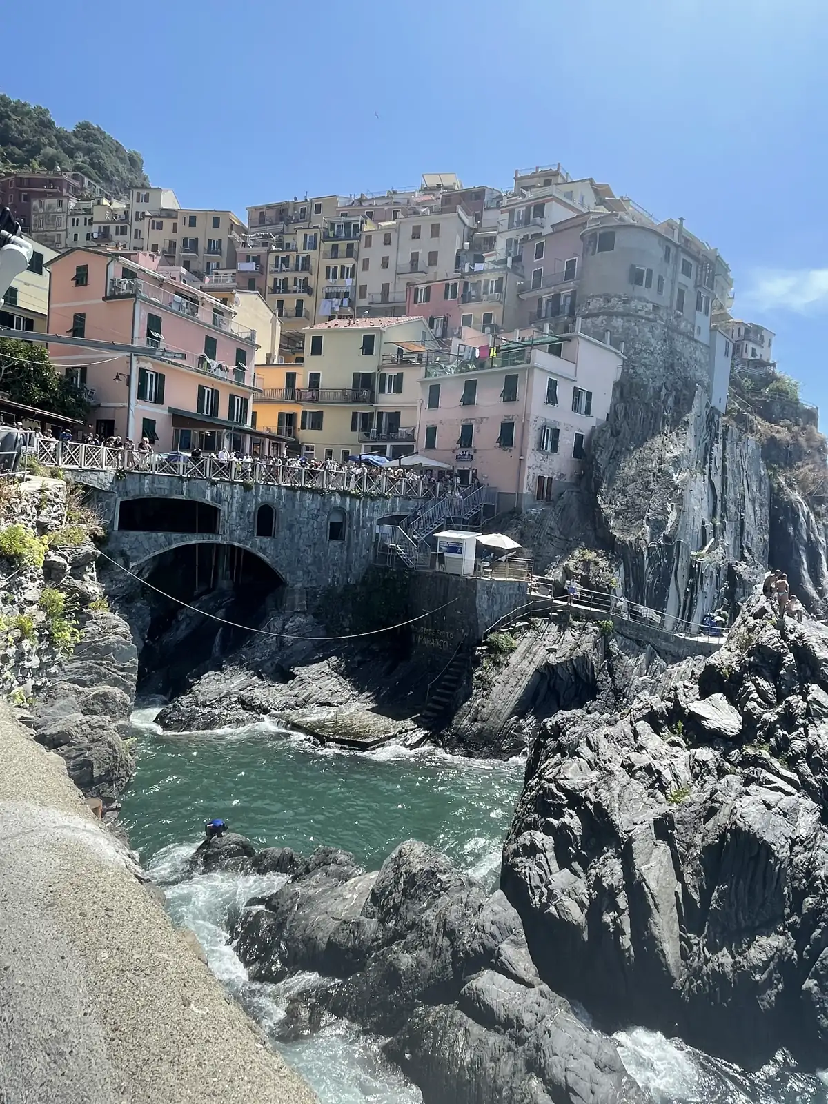 Pastel houses stacked above the small rocky harbor of Riomaggiore