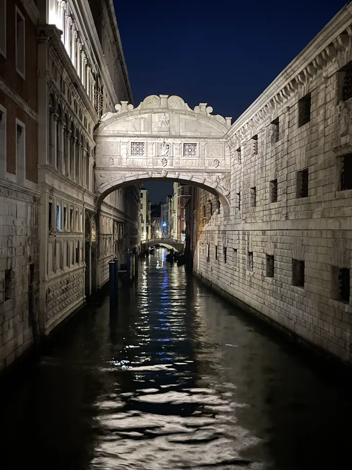 The Bridge of Sighs lit up over a dark canal at night