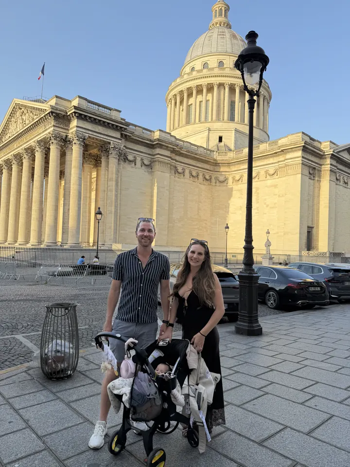 Colin and Angela with the stroller in front of the Panthéon in Paris