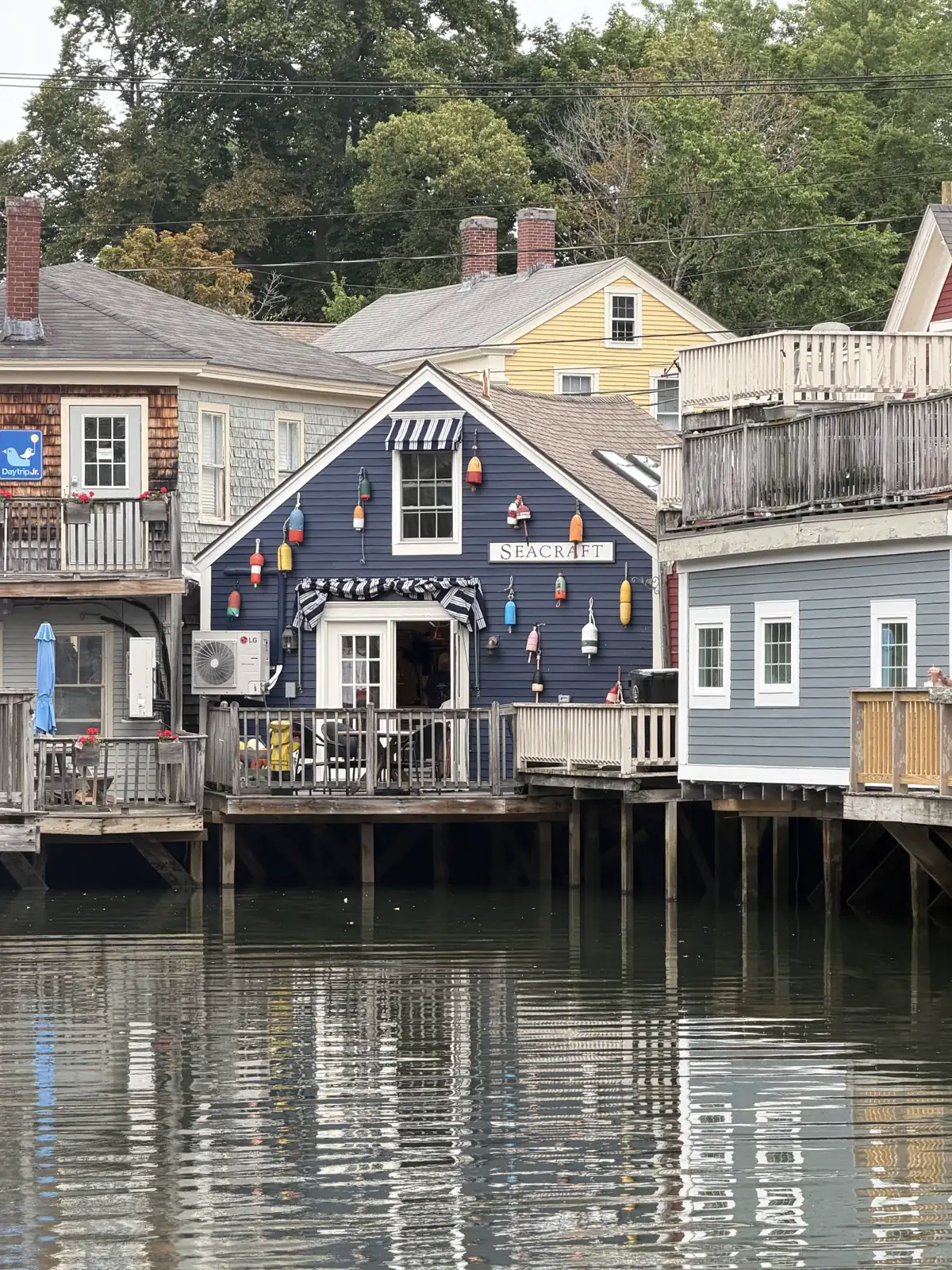 Shingled buildings on the water in Kennebunkport