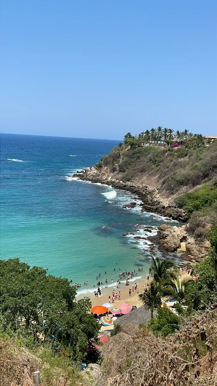 Turquoise cove with a small beach seen from a green cliff