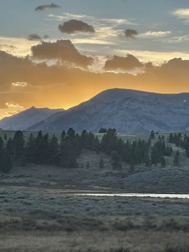 A golden sunset breaking through clouds over forested Yellowstone hills