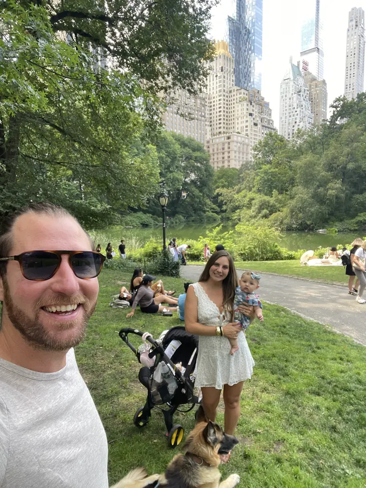 Colin taking a selfie with Angela, Andi in the stroller and Jack in Central Park