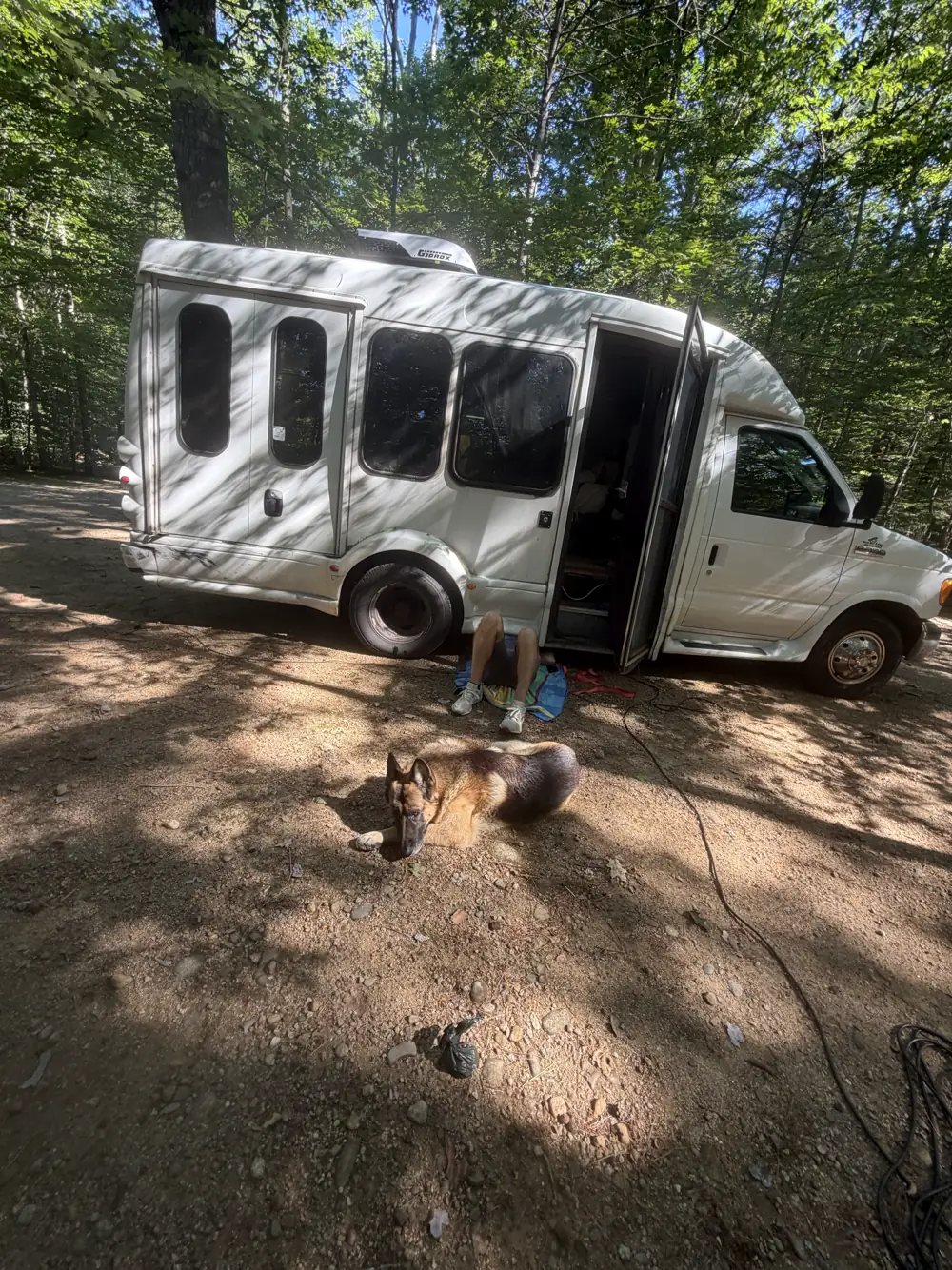 Our van parked at a campsite in the pines in Bartlett, New Hampshire