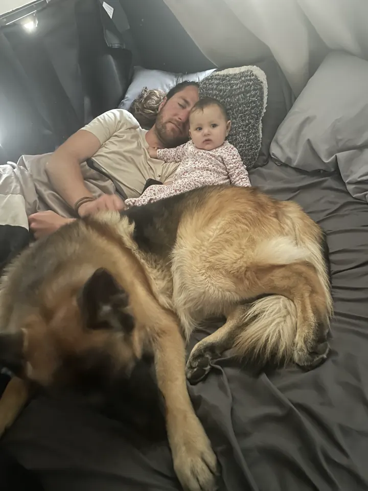 Colin and Andi napping in the van with Jack curled up next to them