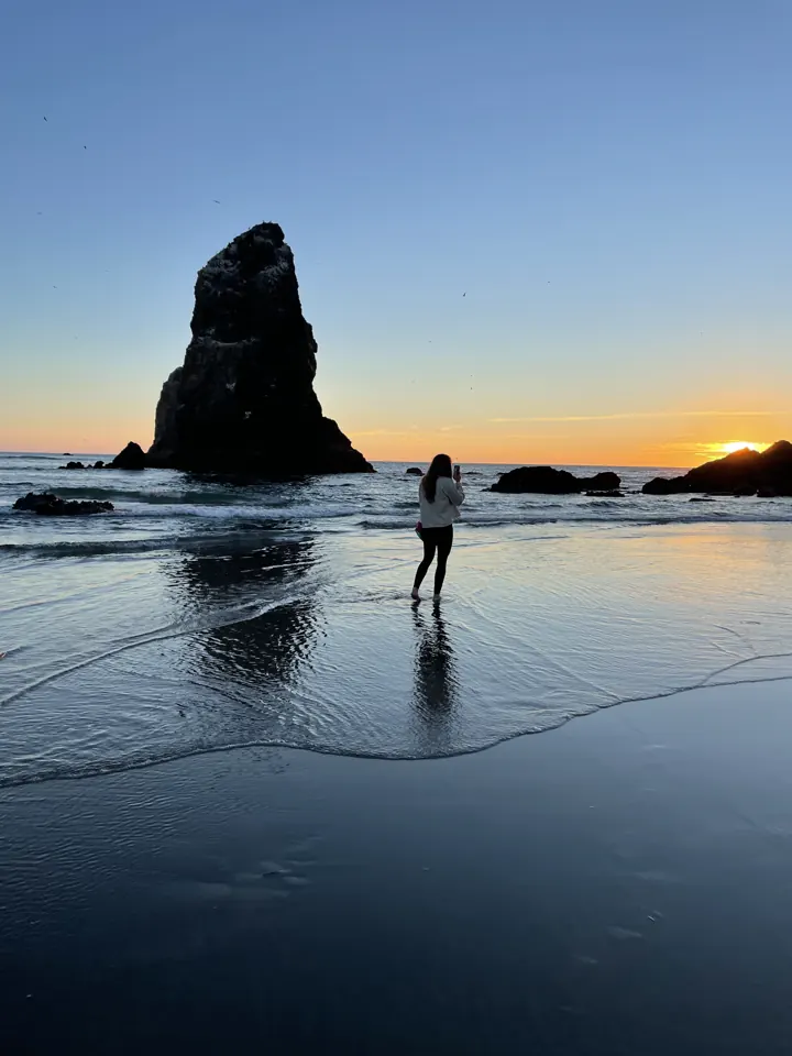 Sea stacks silhouetted at sunset with a person on wet sand
