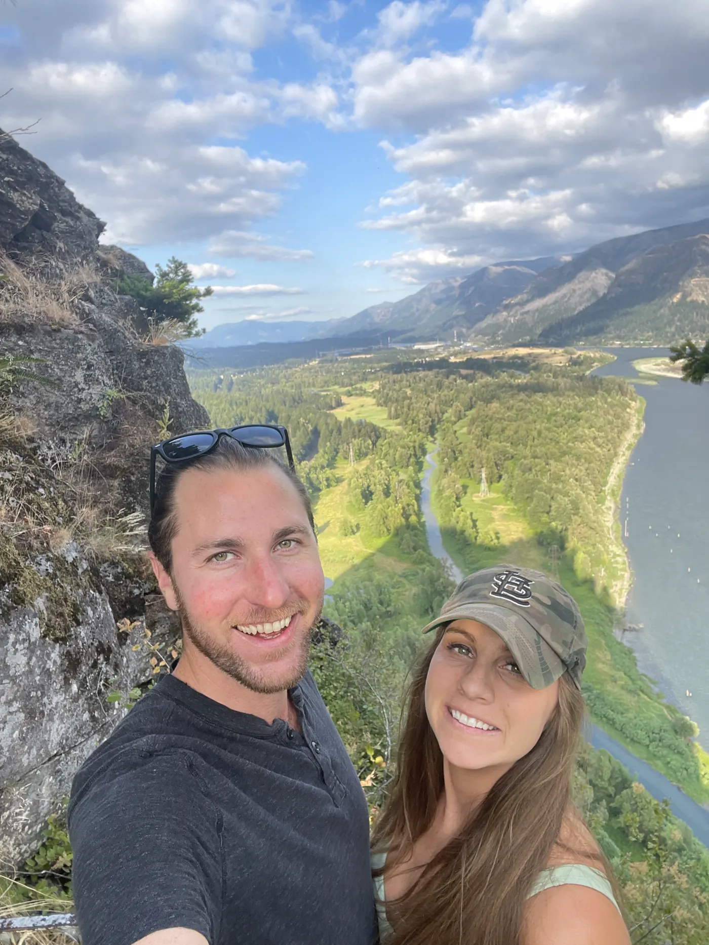 A couple taking a selfie above the Columbia River Gorge