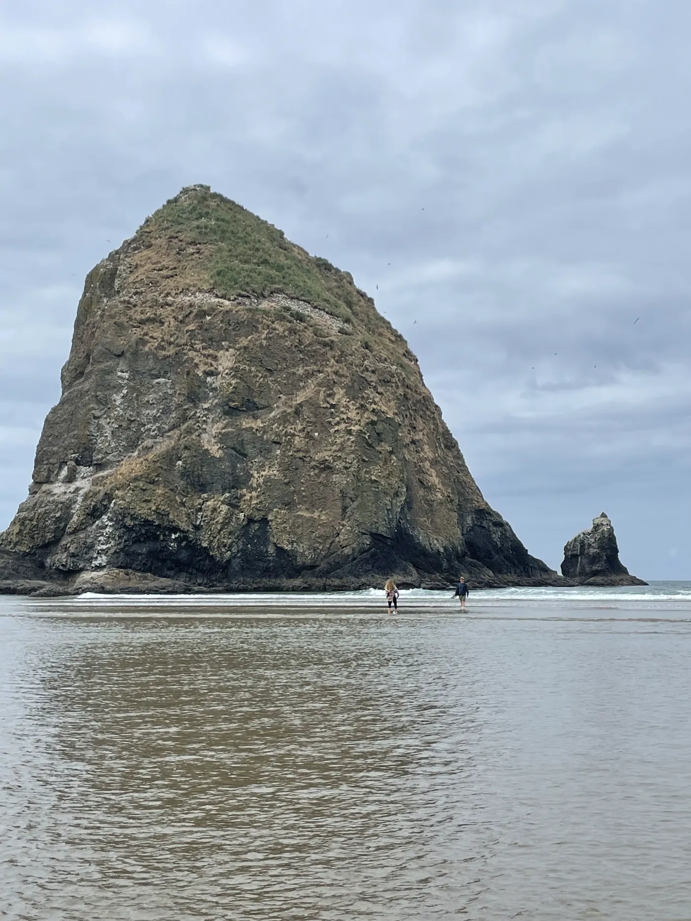 Haystack Rock rising from the beach under a cloudy sky