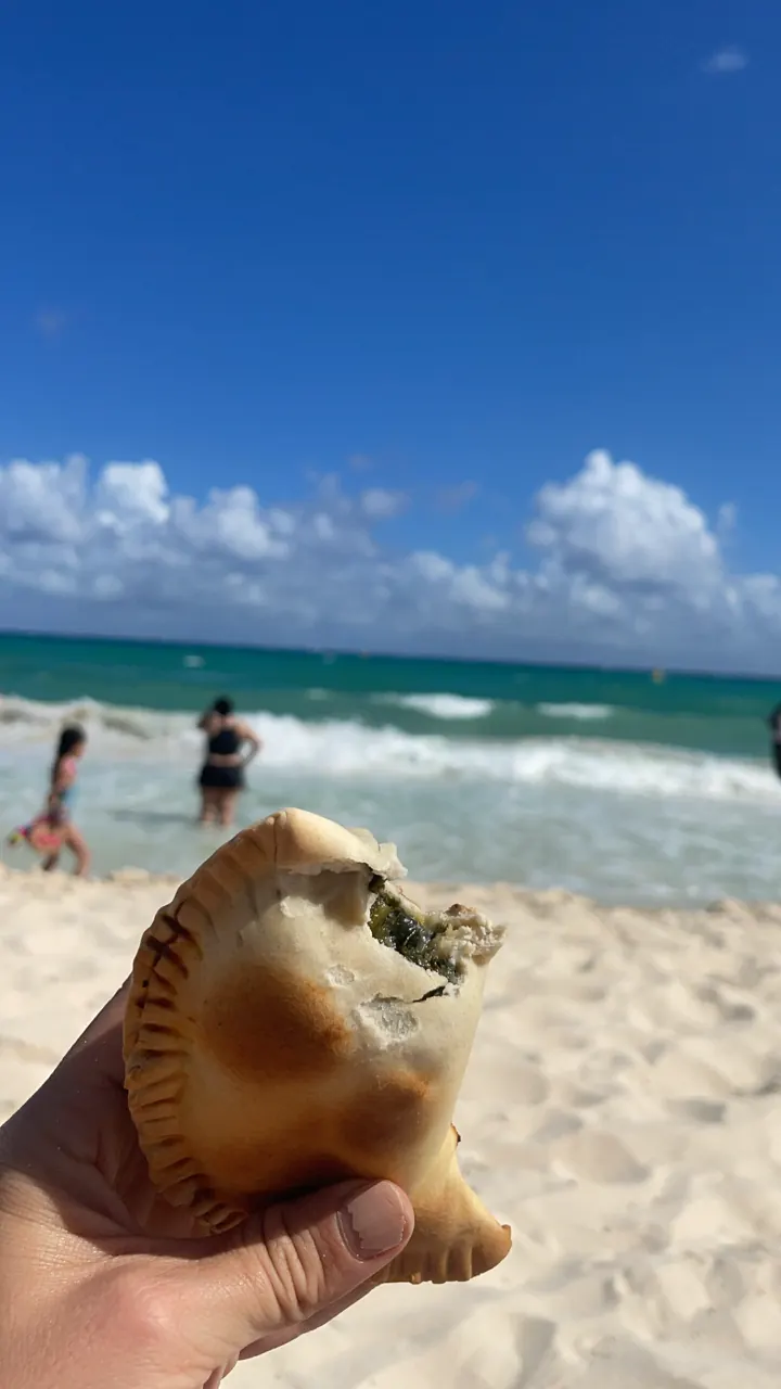 A hand holding a large conch shell on a sandy beach with waves behind