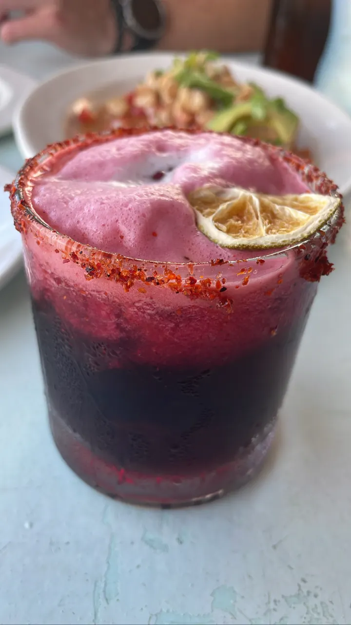 A deep red cocktail with a salted rim and dried fruit garnish