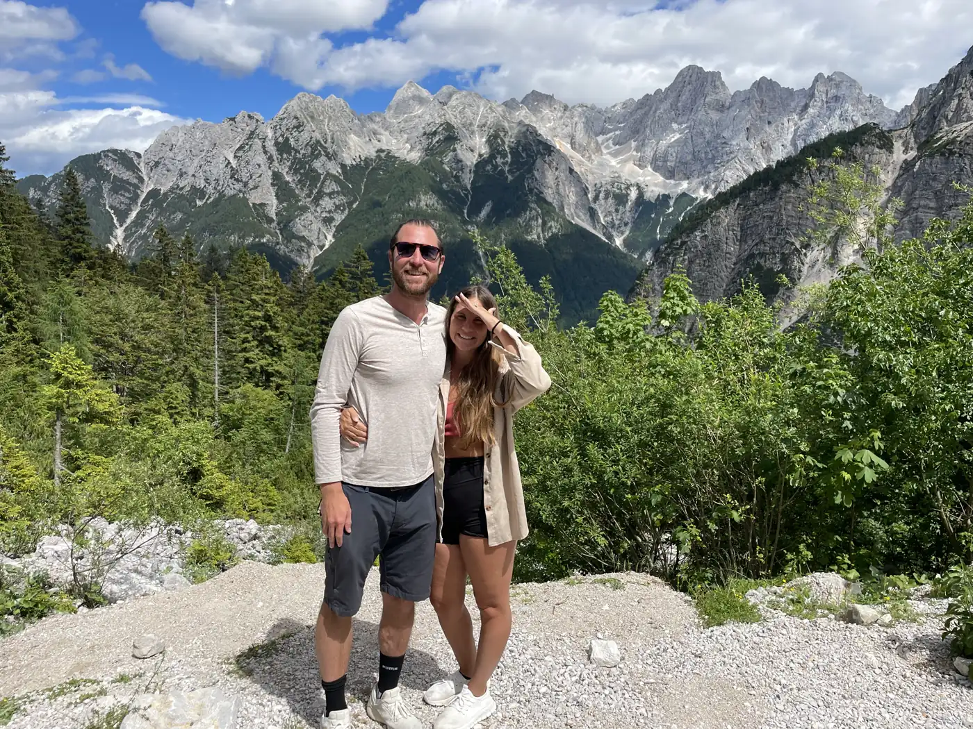 Colin and Angela at Lake Jasna with the Julian Alps behind