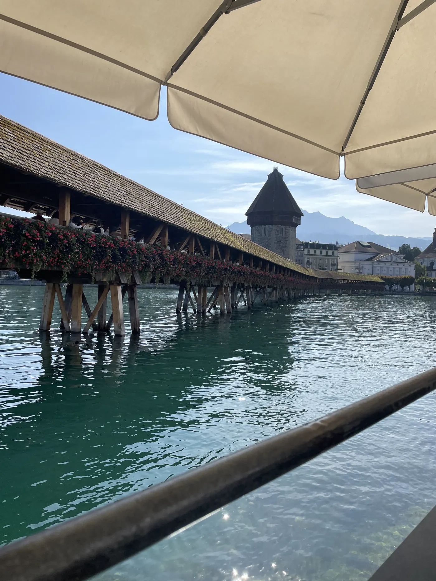 Chapel Bridge and its water tower over the green Reuss river