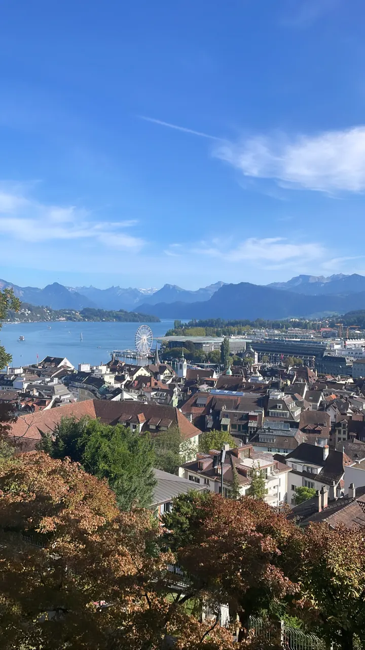 Lucerne rooftops and lake with mountains in the distance