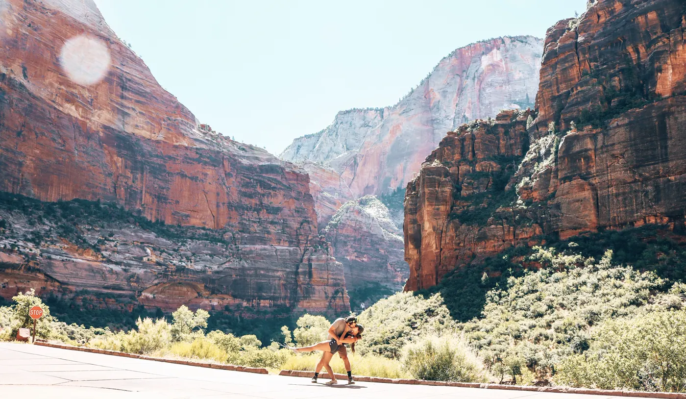 Red sandstone cliffs and green canyon floor in Zion National Park